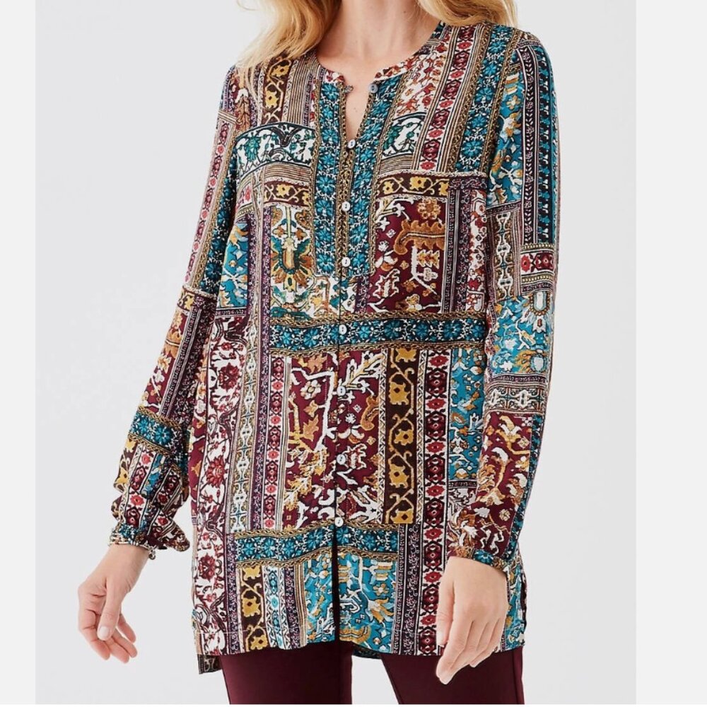 J. Jill Boho Patchwork Print Button Up Longline T… - image 1